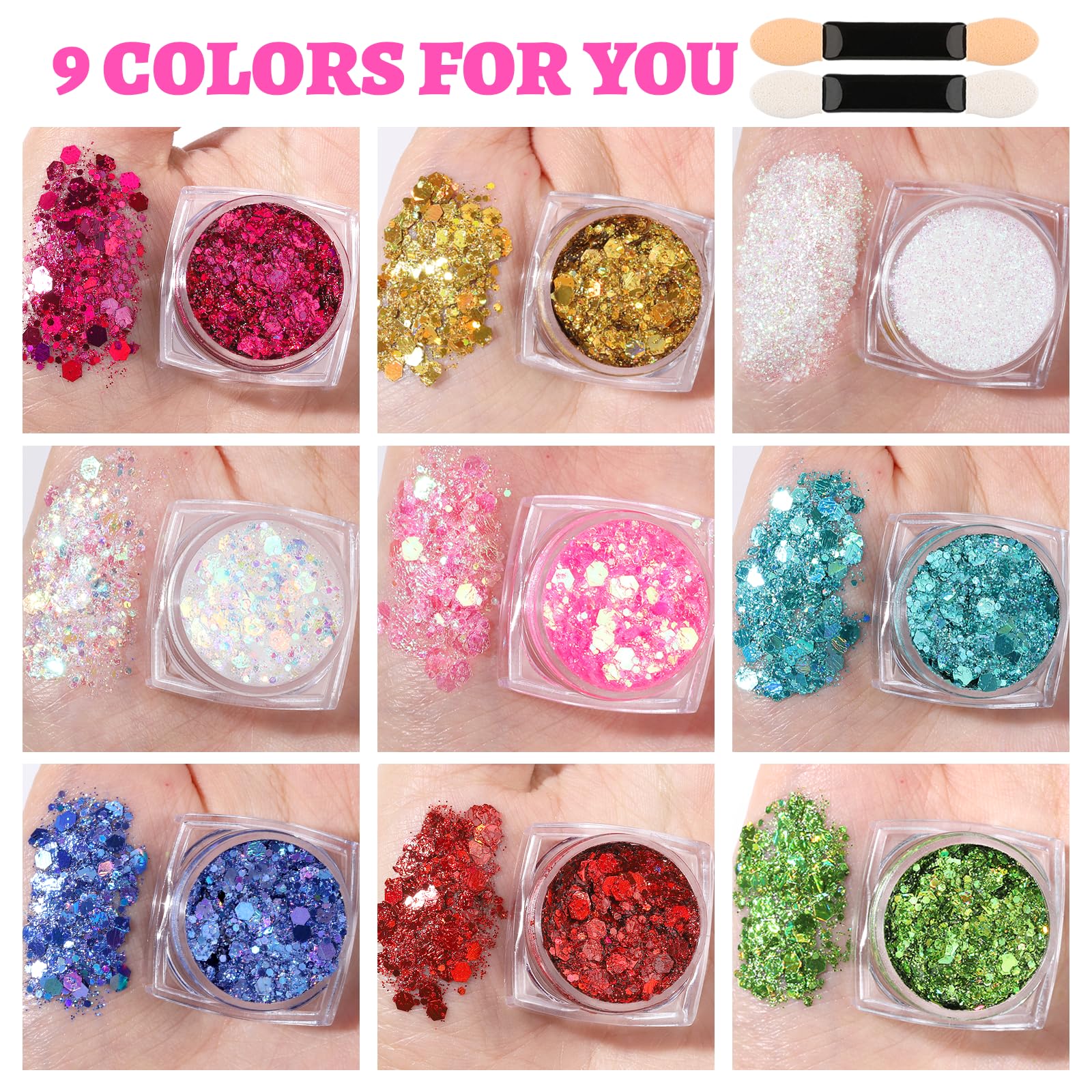 Teenitor 9 Color Face Glitter and 3 Gold Face Freckles Set - No Glue Needed Body Glitter Gel, Hair Glitter Festival Makeup for Parties, Halloween